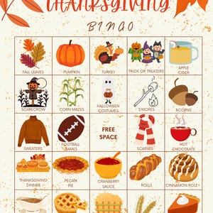 Könnte beinhalten: Ein Thanksgiving-Bingo-Spielbrett mit herbstlichen Illustrationen. Enthält Bilder von Kürbissen, Truthahn, Vogelscheuchen und Lebensmitteln wie Kuchen und heißer Schokolade. Die Worte "Thanksgiving Bingo" stehen oben.