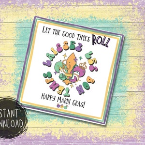Carta retrò Mardi Gras Tag Fleur de lis Tag Good Times Etichetta Krewe di carnevale Tag galleggiante parata Re Torta Contenitore di regalo Tag quadrato martedì grasso