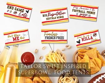 Printable TS Superbowl Tags Swiftie Superbowl Sunday Swift Kelce Food Tents Superbowl 58 Party Cards KC Chiefs Super Bowl Taylor Football