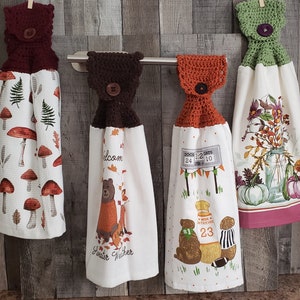 Hanging Kitchen Towels with Wide Crochet Topper and Button Closure, Thick 100% Cotton Kitchen Towels, Mushrooms, Family, Football, Fall
