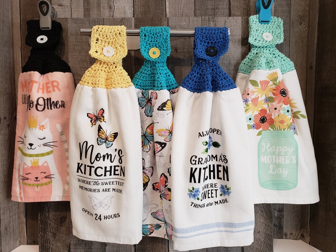 Hanging Kitchen Towels With Crochet Topper and Button Closure,full