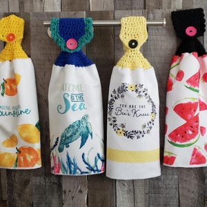 Crochet Topper Hanging Kitchen Towel: Watermelon, Sea Turtle, Bee, Lemon, Orange