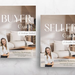 May include: Two book covers with the titles "BUYER Guide" and "SELLER Guide". Each cover features a woman, a sofa, and the text "A Homebuyer Handbook" or "A Homeseller Handbook". The bottom of each cover displays the name "Sabrina Bowman" and contact information.