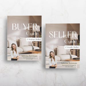 Peut inclure: Deux livres intitulés "BUYER Guide" et "SELLER Guide" avec la photo d'une femme sur la couverture. Les couvertures présentent une scène de salon et le texte "A Homebuyer Handbook" et "A Homeseller Handbook". Le nom de l'auteur et ses coordonnées sont également visibles.