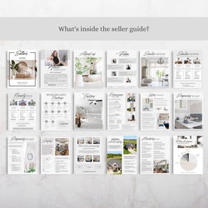 May include: A digital seller guide template featuring eighteen pages of real estate marketing content. The pages include text, photographs of home interiors, and diagrams with headings such as Seller's Guide, About Us, and Home Seller's Roadmap.