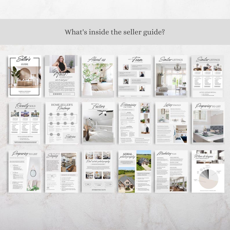 May include: A digital seller guide template featuring eighteen pages of real estate marketing content. The pages include text, photographs of home interiors, and diagrams with headings such as Seller's Guide, About Us, and Home Seller's Roadmap.