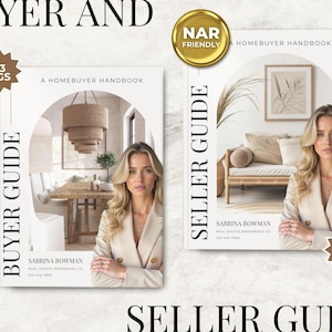 以下が含まれることがあります： 「Buyer Guide」と「Seller Guide」というタイトルの2冊のハンドブック。女性の肖像画が描かれています。「Buyer Guide」は33ページ、「Seller Guide」は49ページ。「A Homebuyer Handbook」の文字が両方の本に表示されています。