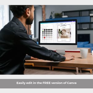 May include: A person working on a desktop computer, editing a document. The screen displays a design guide with the text "Seller's Guide". The color palette tool is visible on the left. The text at the bottom reads "Easily edit in the FREE version of Canva".