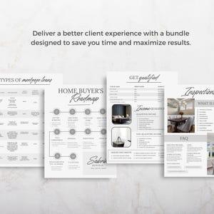 May include: A collection of informational documents with text and images, including a "Home Buyer's Roadmap" and "Get Qualified" guide. The documents are in shades of gray and white, with text that reads "Deliver a better client experience."