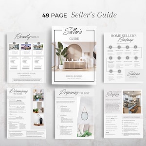 May include: A 49-page seller's guide with a white cover featuring the title "Seller's Guide" and the name "Sabrina Bowman." The guide includes sections on recently sold listings, home seller's roadmap, determining factors, preparing to list, and staging.