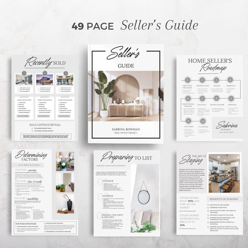 May include: A 49-page seller's guide with a white cover featuring the title "Seller's Guide" and the name "Sabrina Bowman." The guide includes sections on recently sold listings, home seller's roadmap, determining factors, preparing to list, and staging.