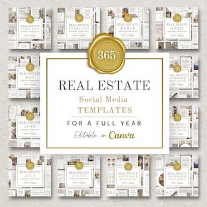 May include: A collection of digital real estate social media templates for a full year, featuring twelve monthly sets with gold wax seal accents. The central graphic displays the text 365 REAL ESTATE SOCIAL MEDIA TEMPLATES FOR A FULL YEAR.