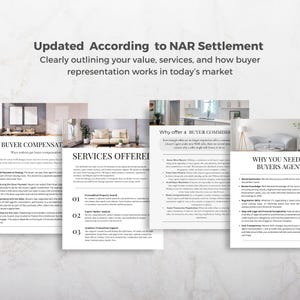 May include: A collection of informational documents with text, including "Updated According to NAR Settlement" and "Buyer Compensation." The documents outline services and buyer representation in the real estate market.