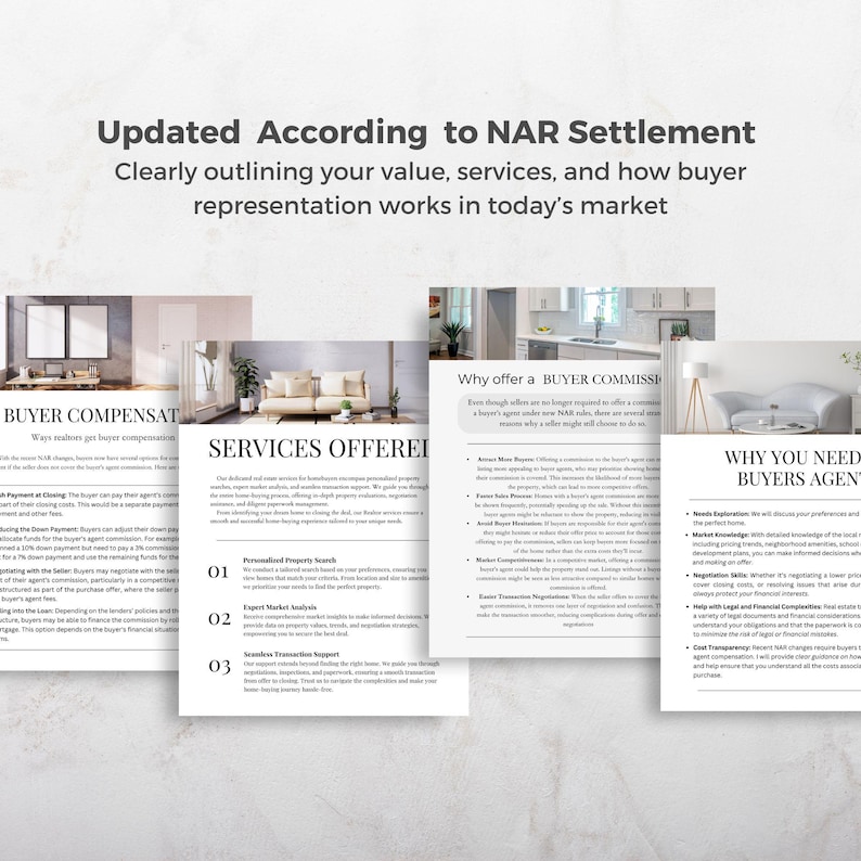 May include: A collection of informational documents with text, including "Updated According to NAR Settlement" and "Buyer Compensation." The documents outline services and buyer representation in the real estate market.