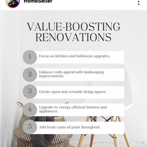 Może przedstawiać: Post na Instagramie z jasnoszarym tłem i nakładką tekstową w kolorze białym, kt&oacute;ra brzmi "VALUE-BOOSTING RENOVATIONS". Post zawiera pięć ponumerowanych wskaz&oacute;wek dotyczących remontu domu, w tym skupienie się na ulepszeniach kuchni i łazienki, zwiększenie atrakcyjności chodnika poprzez zagospodarowanie terenu, stworzenie otwartych i wszechstronnych przestrzeni życiowych, uaktualnienie do energooszczędnych urządzeń i armatury oraz dodanie świeżych warstw farby w całym domu. Post zawiera r&oacute;wnież zdjęcie wiklinowego kosza i drewnianego krzesła.