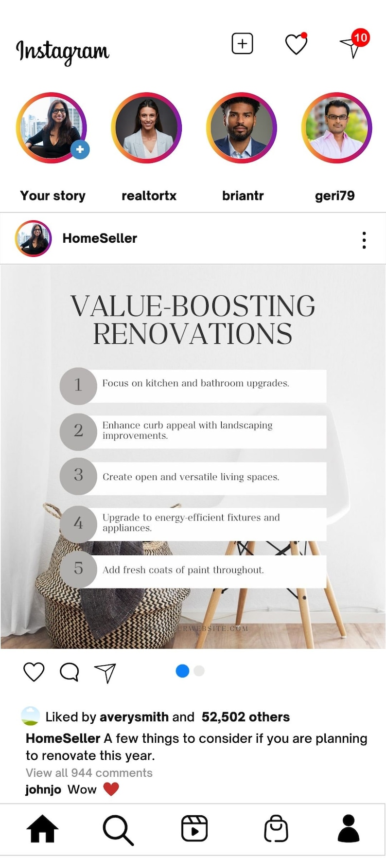 Może przedstawiać: Post na Instagramie z jasnoszarym tłem i nakładką tekstową w kolorze białym, kt&oacute;ra brzmi "VALUE-BOOSTING RENOVATIONS". Post zawiera pięć ponumerowanych wskaz&oacute;wek dotyczących remontu domu, w tym skupienie się na ulepszeniach kuchni i łazienki, zwiększenie atrakcyjności chodnika poprzez zagospodarowanie terenu, stworzenie otwartych i wszechstronnych przestrzeni życiowych, uaktualnienie do energooszczędnych urządzeń i armatury oraz dodanie świeżych warstw farby w całym domu. Post zawiera r&oacute;wnież zdjęcie wiklinowego kosza i drewnianego krzesła.