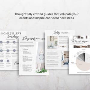 May include: A collection of white printed guides with black text. The guides cover topics like home selling, listing strategies, and buyer home searches. The text includes "Home Seller's Roadmap" and "Preparing to List."