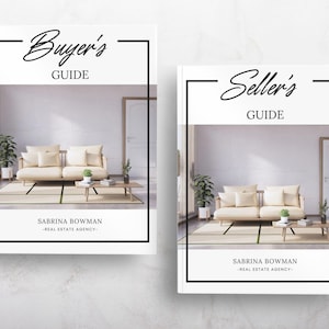 May include: Two white book covers with black text and a black border. One cover reads "Buyer's GUIDE" and the other reads "Seller's GUIDE". Both covers feature a photo of a beige sofa, a coffee table, and a plant.