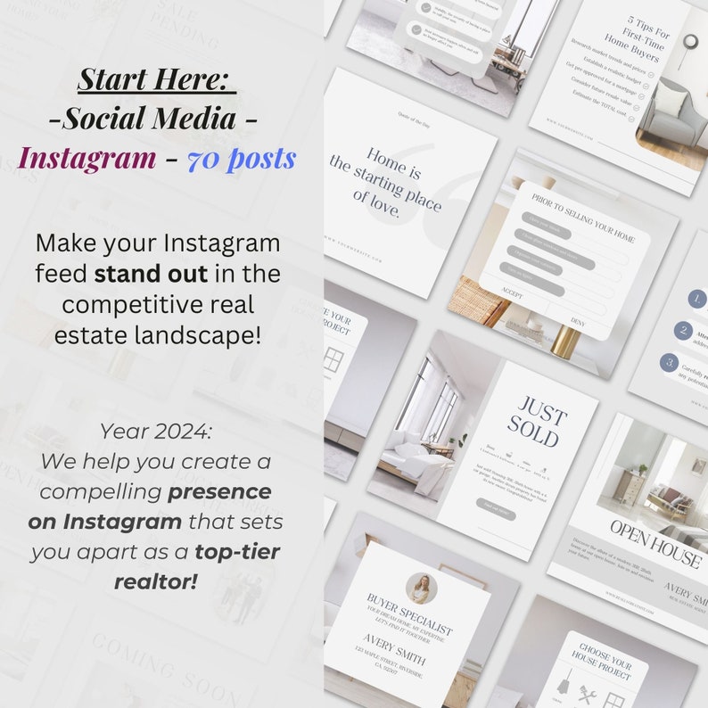 Może przedstawiać: Kolaż obraz&oacute;w promujących usługi nieruchomości na Instagramie. Tekst "Start Here: -Social Media- Instagram - 70 posts" znajduje się w g&oacute;rnej części obrazu. Tekst "Make your Instagram feed stand out in the competitive real estate landscape!" znajduje się pod pierwszym wierszem tekstu. Tekst "Year 2024: We help you create a compelling presence on Instagram that sets you apart as a top-tier realtor!" znajduje się pod drugim wierszem tekstu. Tekst "Home is the starting place of love." znajduje się w środkowej części obrazu. Tekst "JUST SOLD" znajduje się w prawym dolnym rogu obrazu. Tekst "COMING SOON" znajduje się w lewym dolnym rogu obrazu.