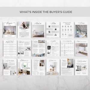 May include: A layout of a buyer's guide with various pages. The pages include the title "WHAT'S INSIDE THE BUYER'S GUIDE", "Buyer's Guide", "About us", "Team", "Home Buyer's Roadmap", and "The Process". The pages have a white background with black text and images.