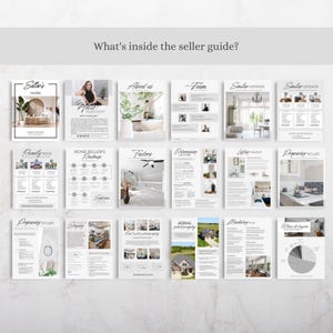 May include: A collection of informational pages from a seller's guide, featuring headings like "Seller's Guide," "About Us," "Team," and "Similar Listings." The pages have a clean, minimalist design with images and text, offering insights into real estate.