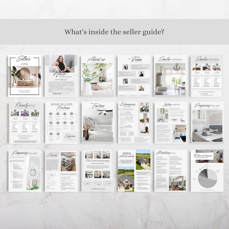 May include: A collection of informational pages from a seller's guide, featuring headings like "Seller's Guide," "About Us," "Team," and "Similar Listings." The pages have a clean, minimalist design with images and text, offering insights into real estate.