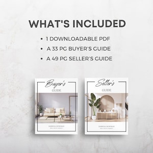May include: A white graphic with the text "WHAT'S INCLUDED" and bullet points listing a downloadable PDF, a 33-page buyer's guide, and a 49-page seller's guide. Two book covers are shown, one labeled "Buyer's Guide" and the other "Seller's Guide".