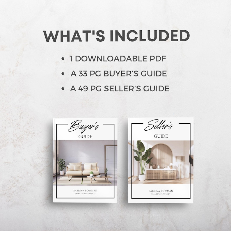 May include: A white graphic with the text "WHAT'S INCLUDED" and bullet points listing a downloadable PDF, a 33-page buyer's guide, and a 49-page seller's guide. Two book covers are shown, one labeled "Buyer's Guide" and the other "Seller's Guide".