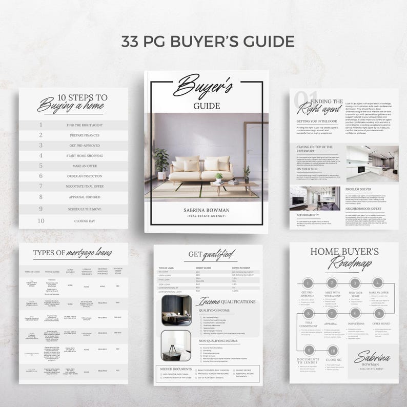 May include: A 33-page buyer's guide with the title "Buyer's Guide" and the name Sabrina Bowman. The guide includes sections on buying a home, finding a real estate agent, mortgage loans, and home buyer's roadmap. The design is minimalist with a neutral color palette.