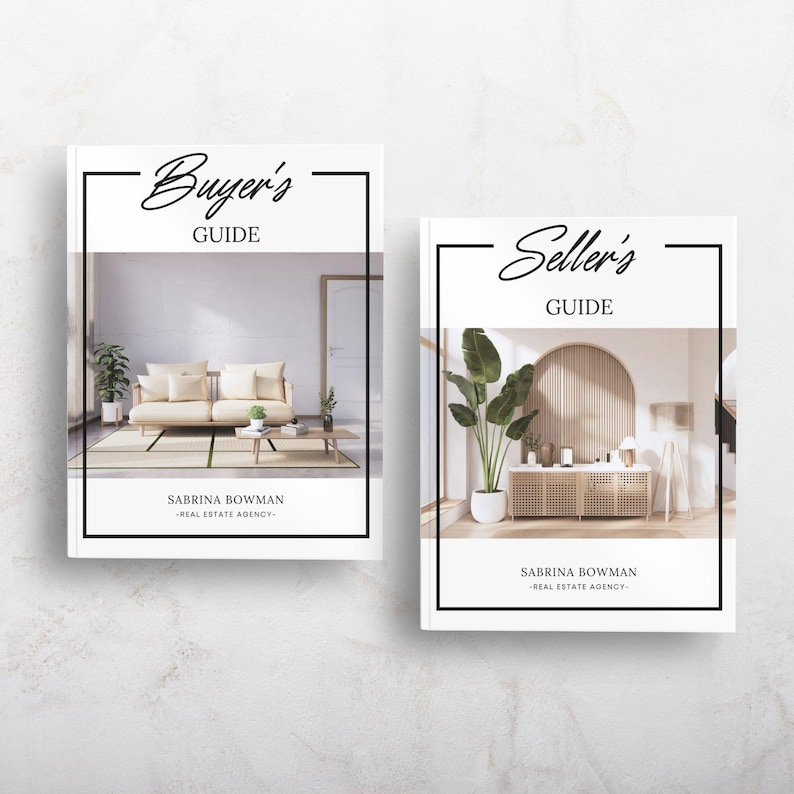May include: Two white real estate guides with black text and a black border. The guide on the left says "Buyer's Guide" and the guide on the right says "Seller's Guide". Both guides have the name "Sabrina Bowman" and "Real Estate Agency" at the bottom.