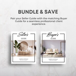 May include: Two rectangular guides titled Seller's Guide and Buyer's Guide, each featuring a black frame and interior photography of home interiors. The text BUNDLE & SAVE appears at the top, followed by the name Sabrina Bowman Real Estate Agency.