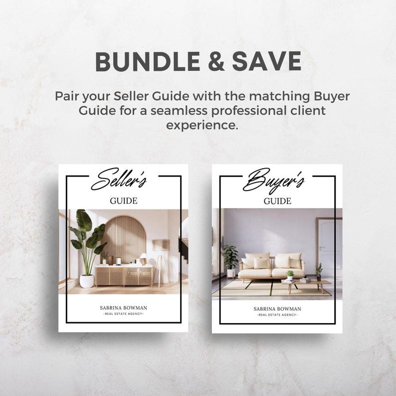 May include: Two rectangular guides titled Seller's Guide and Buyer's Guide, each featuring a black frame and interior photography of home interiors. The text BUNDLE & SAVE appears at the top, followed by the name Sabrina Bowman Real Estate Agency.