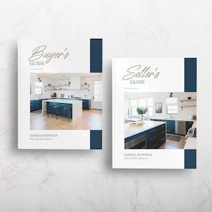 May include: Two white and navy blue real estate guides. The "Buyer's Guide" features a kitchen with a blue island and bar stools. The "Seller's Guide" shows a similar kitchen. Both guides are by Sabrina Bowman Real Estate Agency.