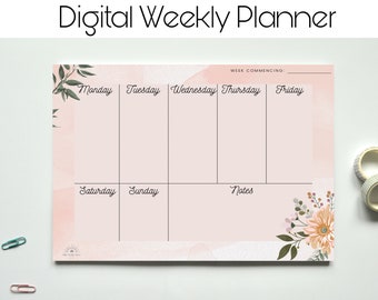 Digital Weekly Planner, Printable Weekly Planner, Desk Planner, Weekly To Do List, A4 - Pink Floral