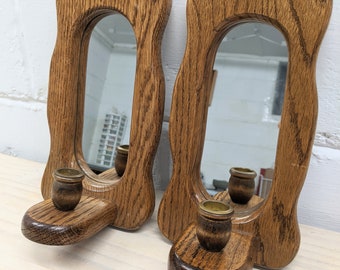 1970's Handcrafted Oak & Mirror Candleholder Wall Sconces (pair)