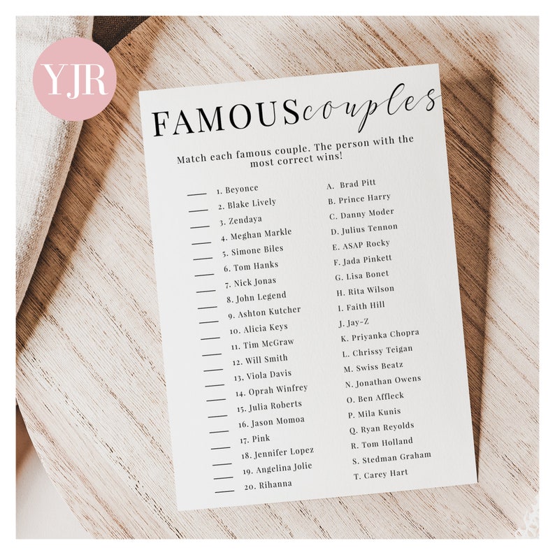 Match the Famous Couples Bridal Shower Game Matching Couples Etsy