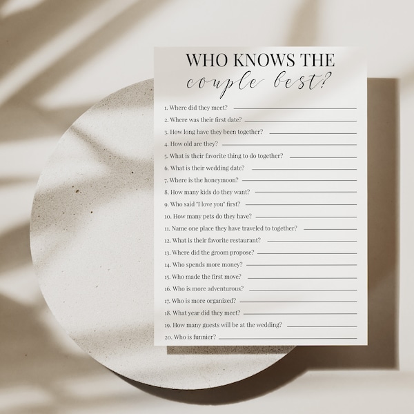 Who Knows The Couple Best? Bridal Shower Games, How Well Do You Know The Couple, Bridal Shower Couples Trivia Game, C100