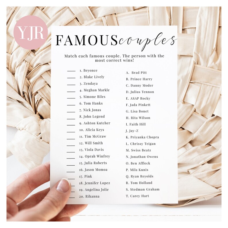 Match the Famous Couples Bridal Shower Game Matching Couples Etsy