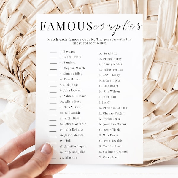 Match The Famous Couples Bridal Shower Game, Matching Couples Game, Printable Bridal Shower Games, Minimalist Bridal Shower Games, C100