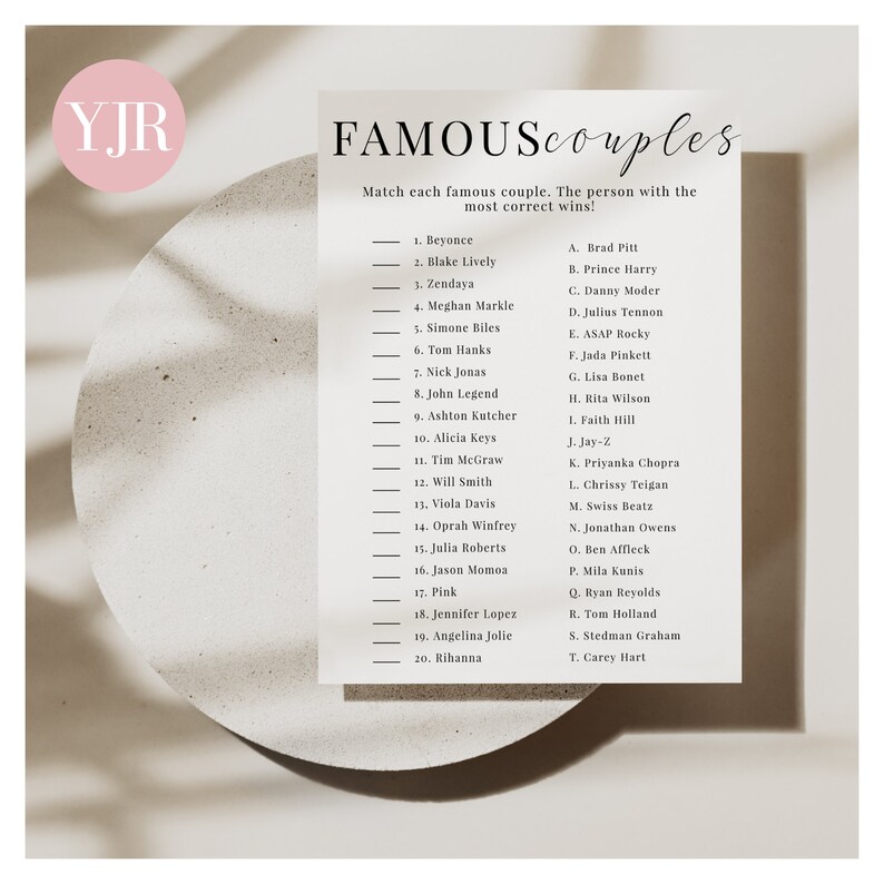 Match the Famous Couples Bridal Shower Game Matching Couples Etsy