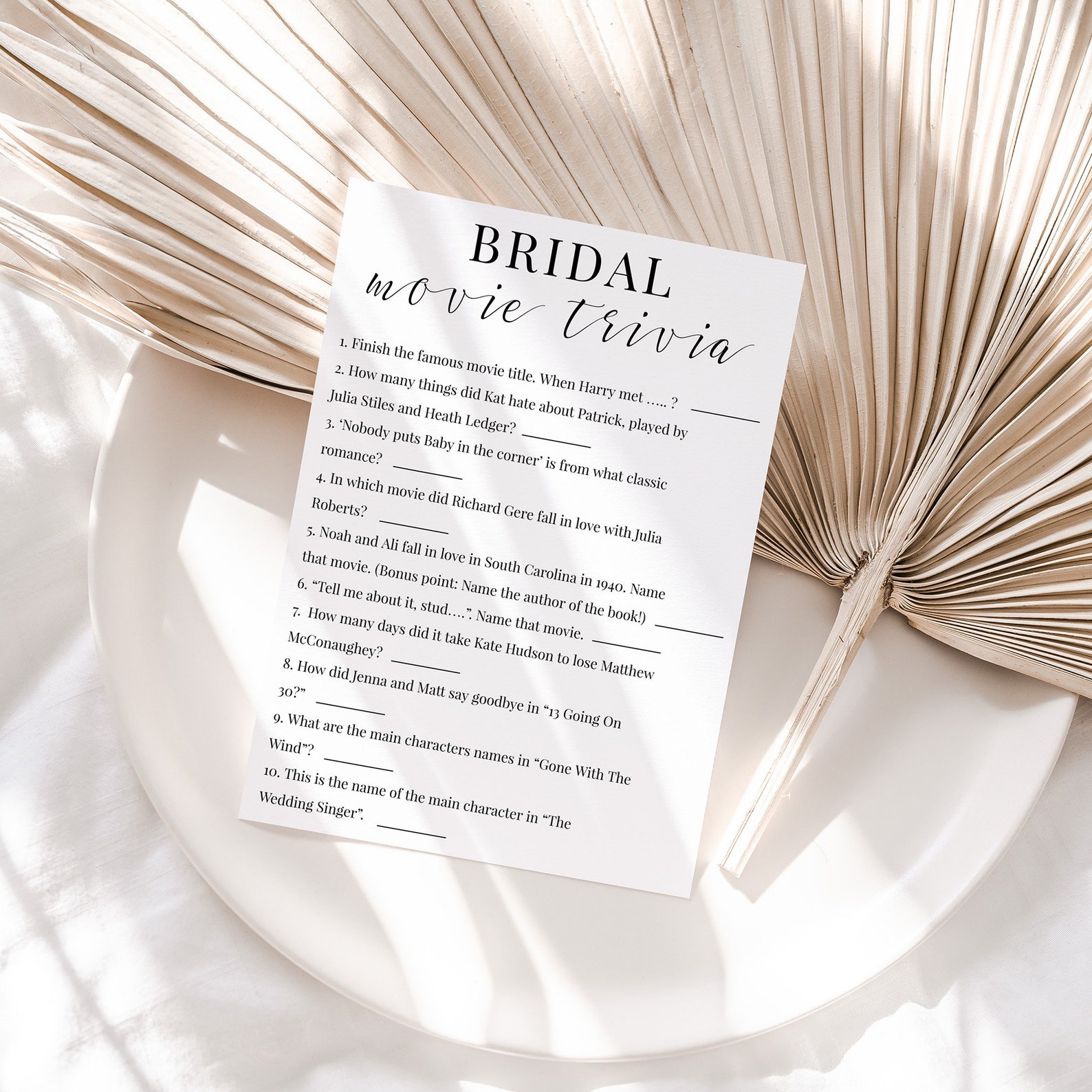 Romantic Movie Trivia Game, Bridal Trivia Shower Game, Printable Bridal ...