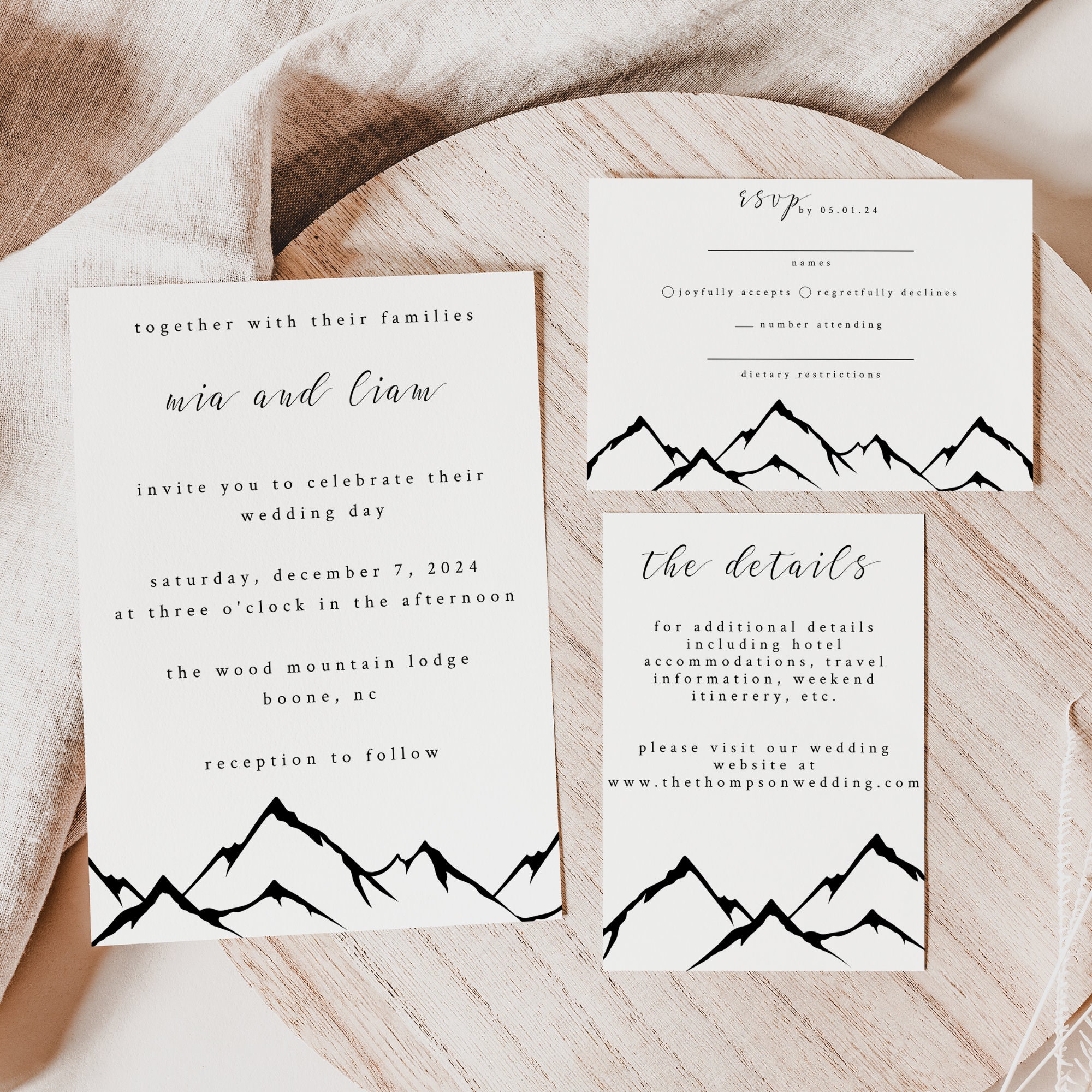 Minimalist Mountain Wedding Invitation, Mountain Wedding Bundle ...