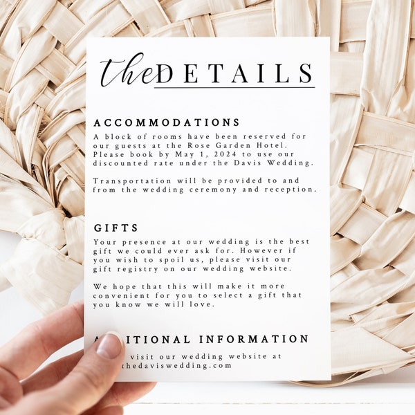 Minimalist Details Card, Modern Wedding Details Card Template, Wedding Invitation Insert, Editable Information Card, Accomodations, C100