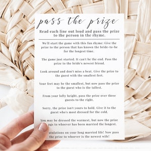 Pass The Prize Bridal Shower Game, Wedding Rhyme Game, Pass The Poem Game, Pass The Gift Game, Minimalist Bridal Shower Games, C100