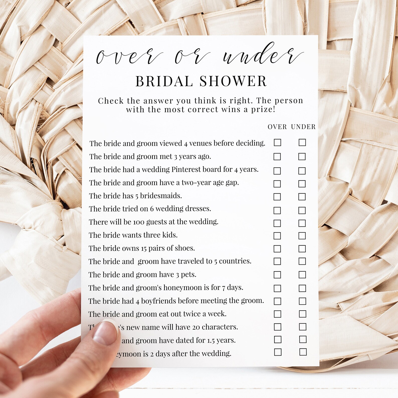 Over or Under Bridal Shower Game, Over or Under Trivia Game, Minimalist ...