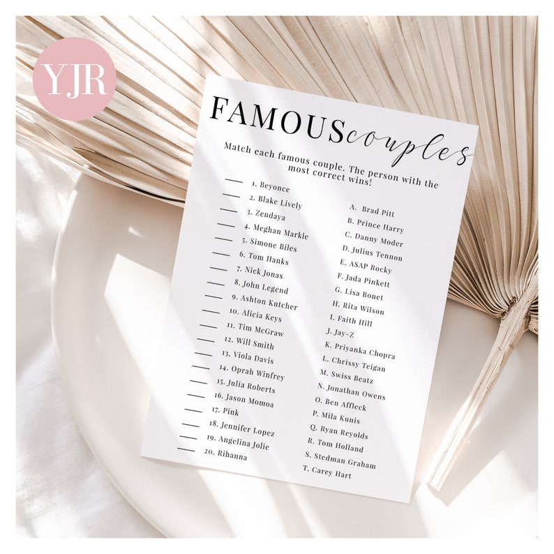 Match the Famous Couples Bridal Shower Game Matching Couples Etsy