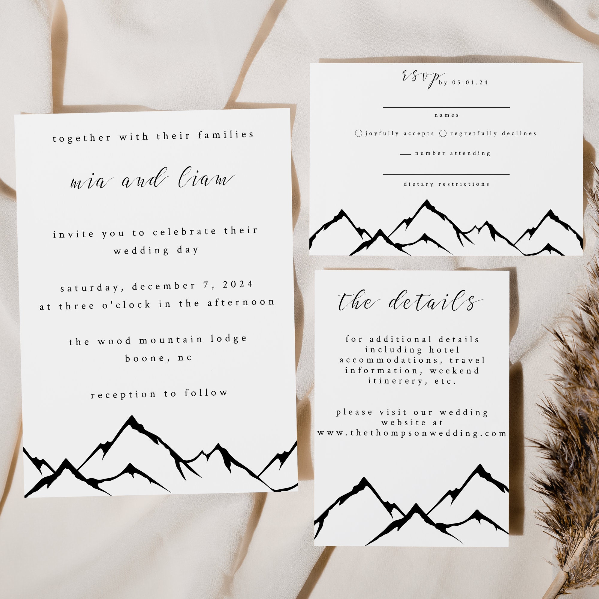 Minimalist Mountain Wedding Invitation, Mountain Wedding Bundle ...