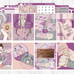 Cats & Coffee - Erin Condren Vertical 7&quot; x 9&quot; - Weekly Planner Sticker Set
