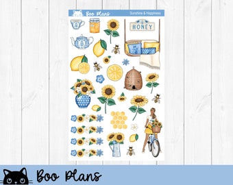 Sunshine & Happiness Deco Stickers, Planner Stickers, Sunflowers, August, Summer