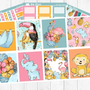 May include: A set of 9 tropical themed planner stickers featuring a sloth, toucans, flamingos, elephants, monkeys, pineapples, and bananas. The stickers are on a white background with gold glitter accents. The text "Boo Plans" and "HC Tropic World 1" are included on the stickers.